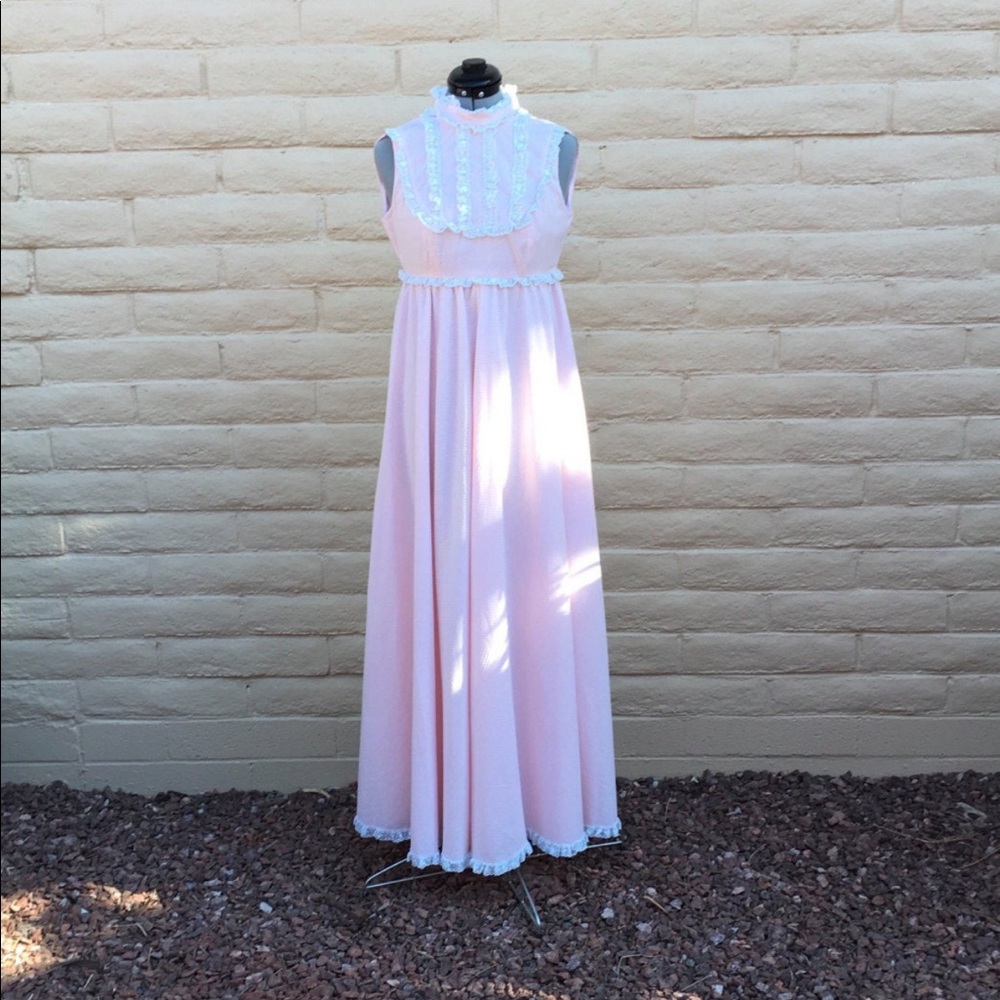 Vintage Denise Are Here 70s Pink Swiss Dot Prairie Maxi Dress Sz XS